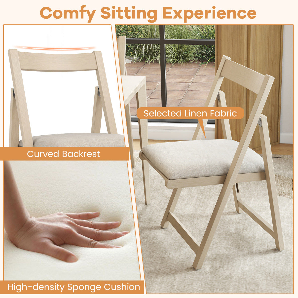 Foldable Dining Chair Set of 4 with Padded Seat and Curved Backrest-Beige