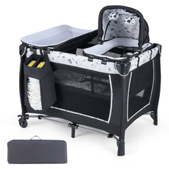 The portable baby playard shown with its matching grey storage carry bag in front