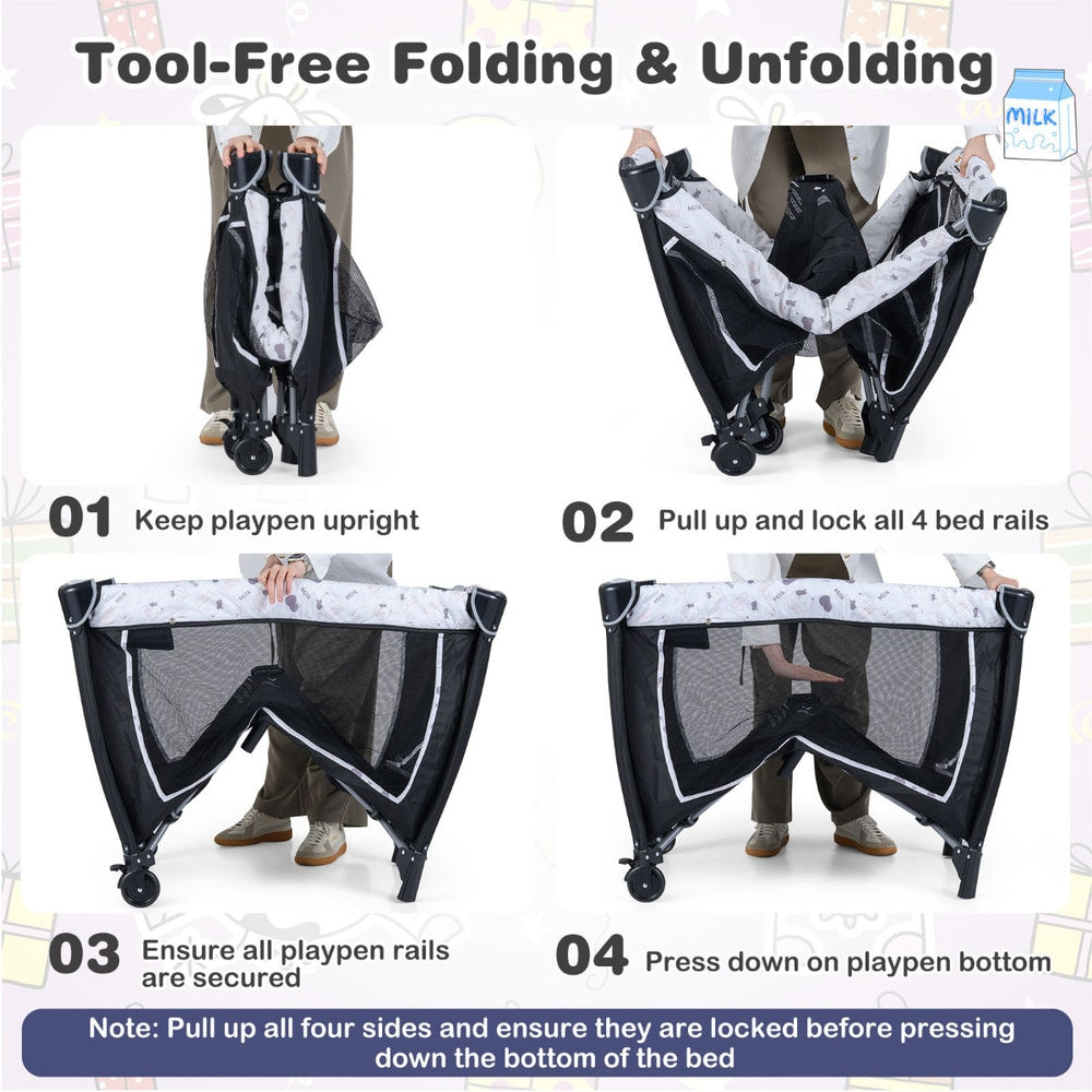 The baby nursery centre shown in a four step guide on how to fold and unfold the frame
