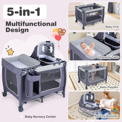 The baby nursery centre shown in five different configurations with a baby using the equipment