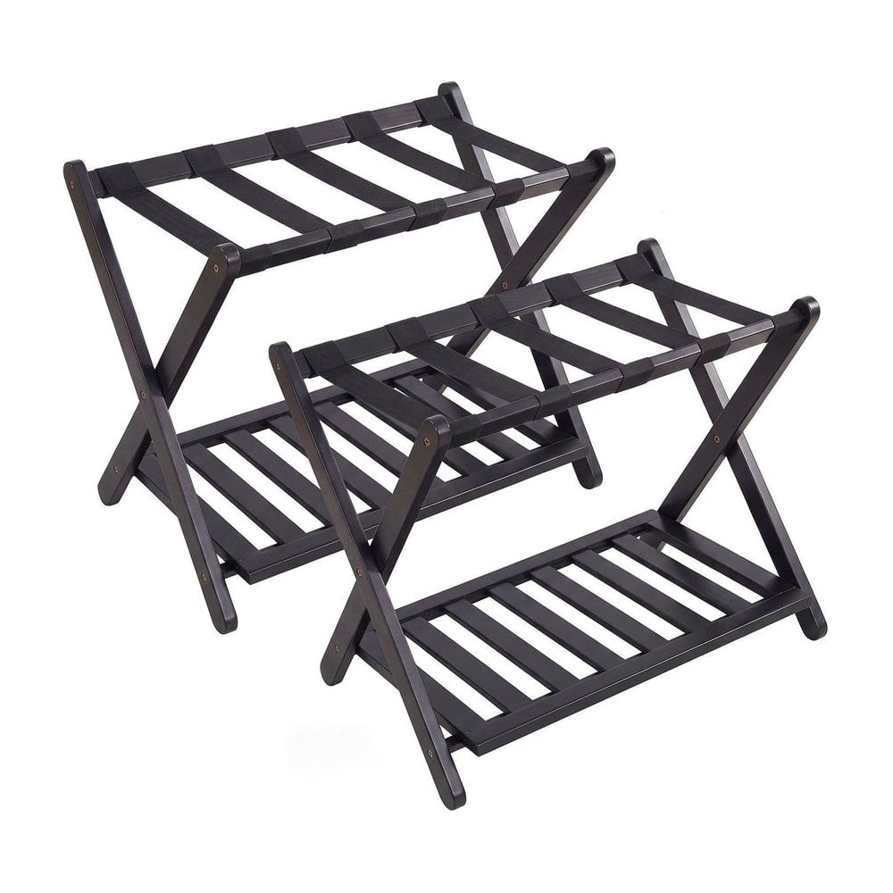 Folding Suitcase Stand in black with fabric straps and a bottom storage shelf