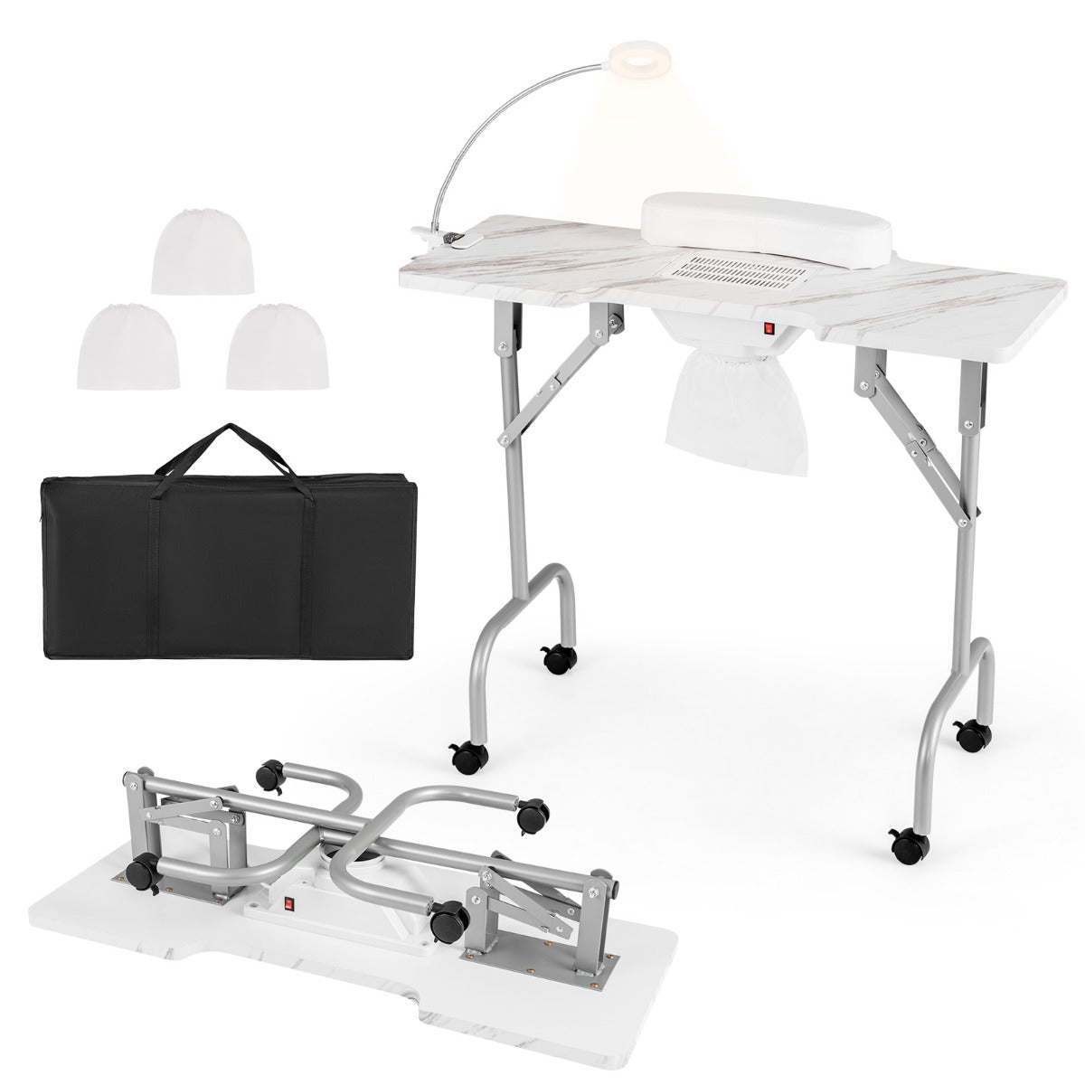 Portable Folding Manicure Nail Table with Electric Dust Collector-White