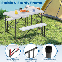 Folding Picnic Table Bench Set with Wood Grain HDPE Tabletop-White
