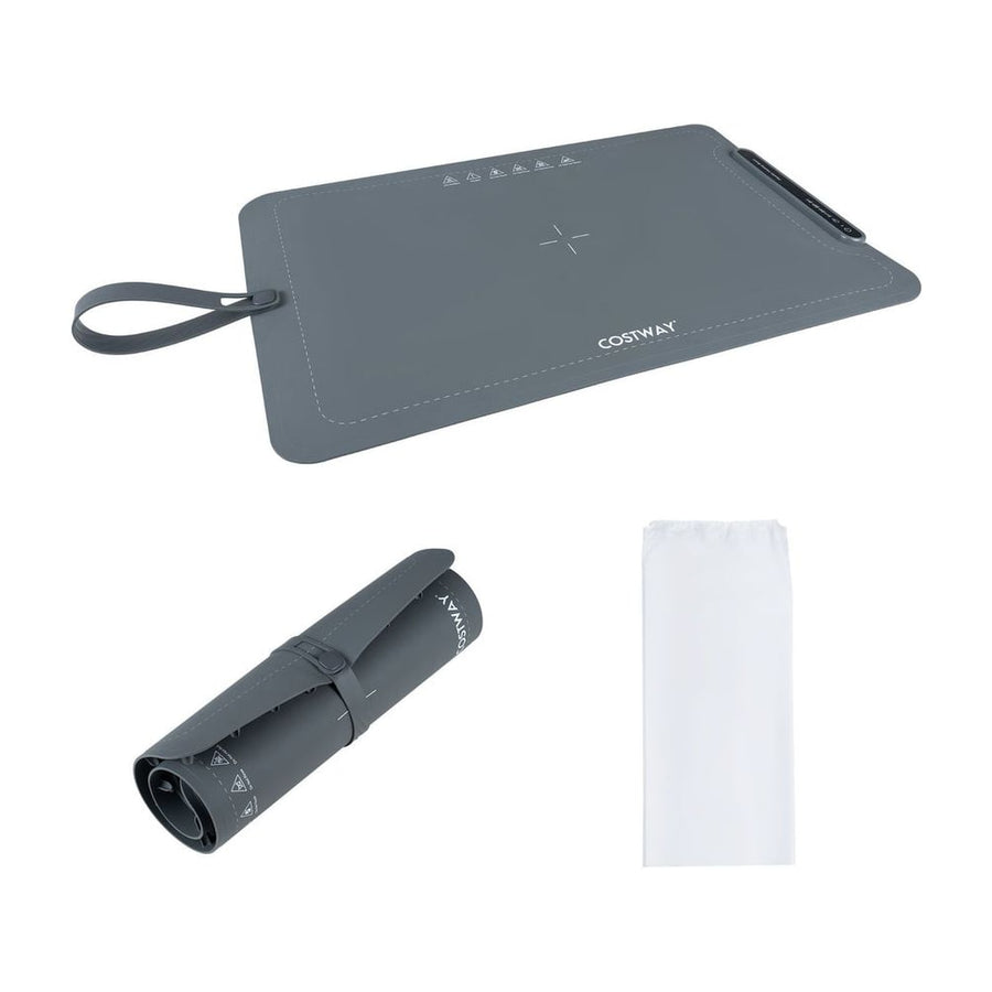 Food Warming Mat shown flat with a carry strap and rolled up with a white storage bag