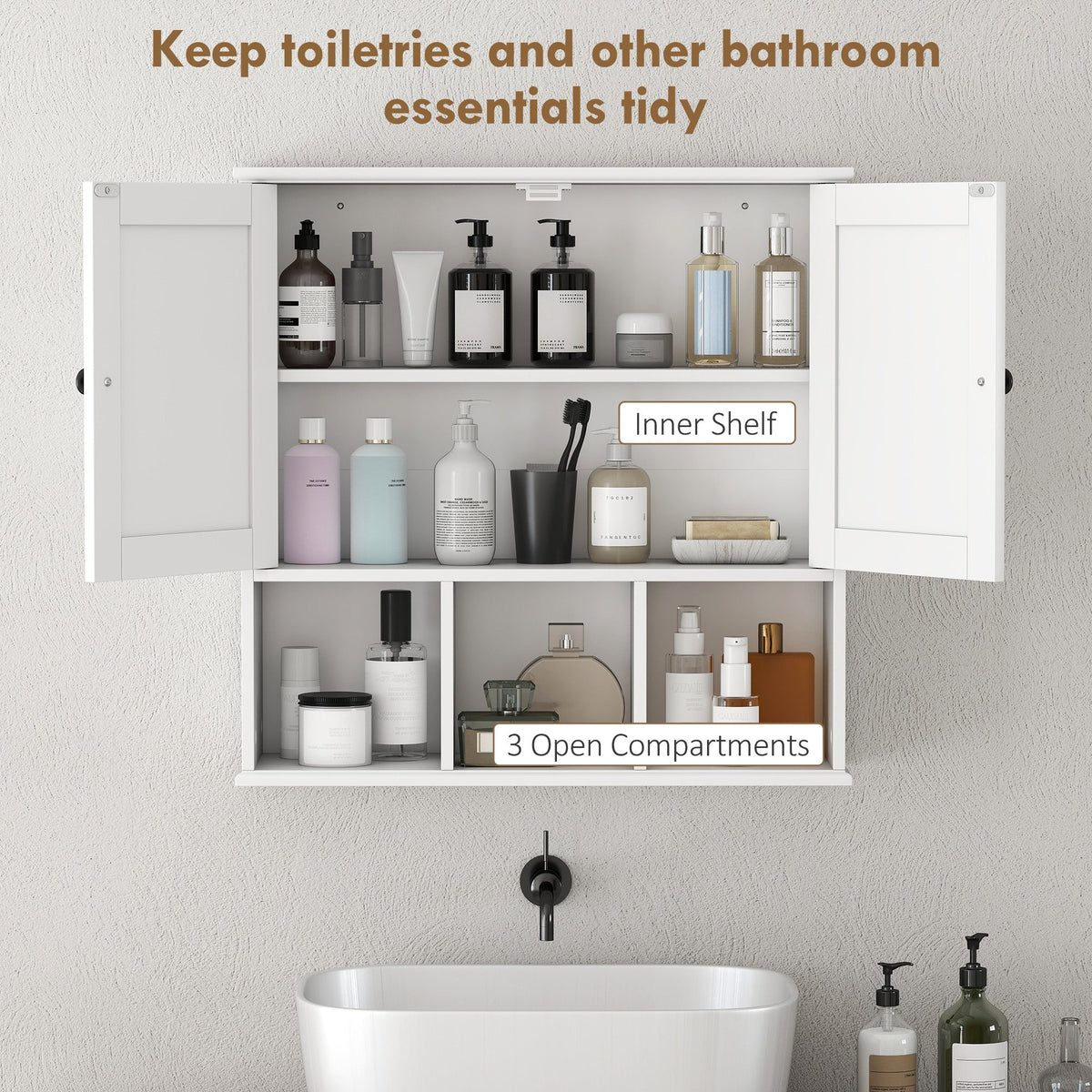 HOMCOM Farmhouse Bathroom Wall Cabinet, Wall Mounted Medicine Cabinet with Adjustable Shelf, Open Compartments, White