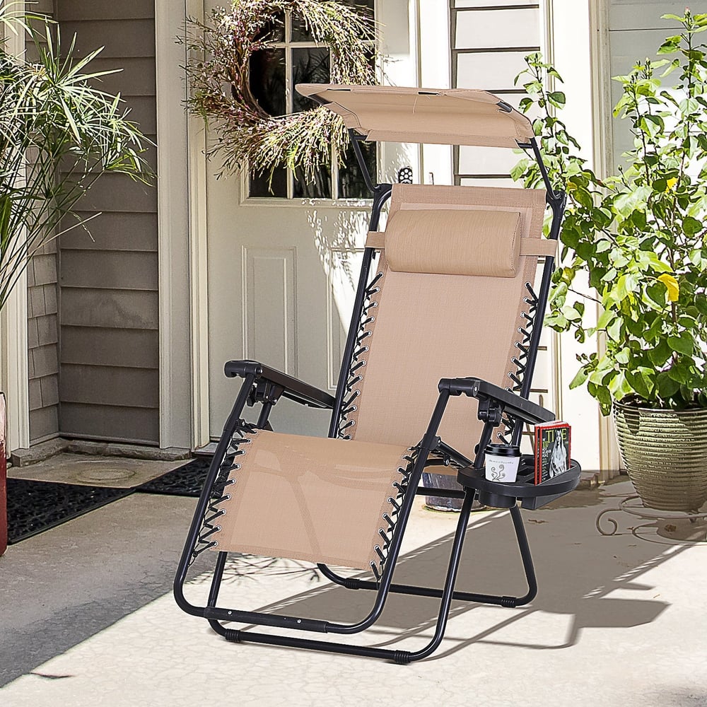 Outsunny Foldable Reclining Garden Chair with Headrest, Zero Gravity Deck Sun Lounger Seat Chair with Footrest, Armrest, Cup