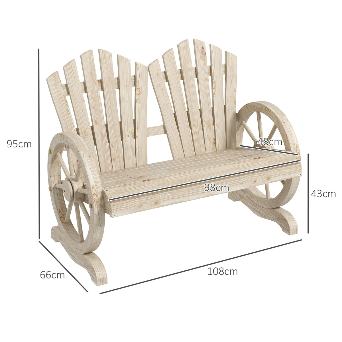 Outsunny Fir Wood Love Seats with Wheel-Shaped Armrests, Large Load-Bearing Chair, Natural Wood Finish - product image 3