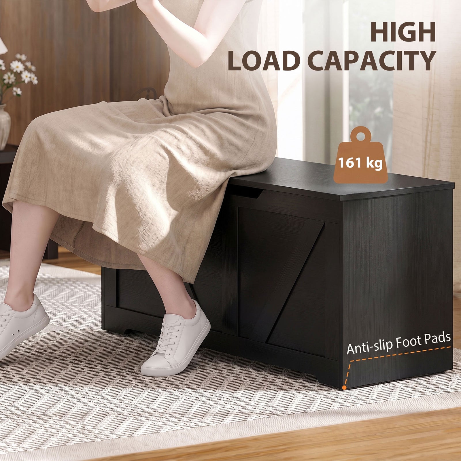 HOMCOM 127L Home Storage Box, with Safety Hinges - Black Wood-Effect
