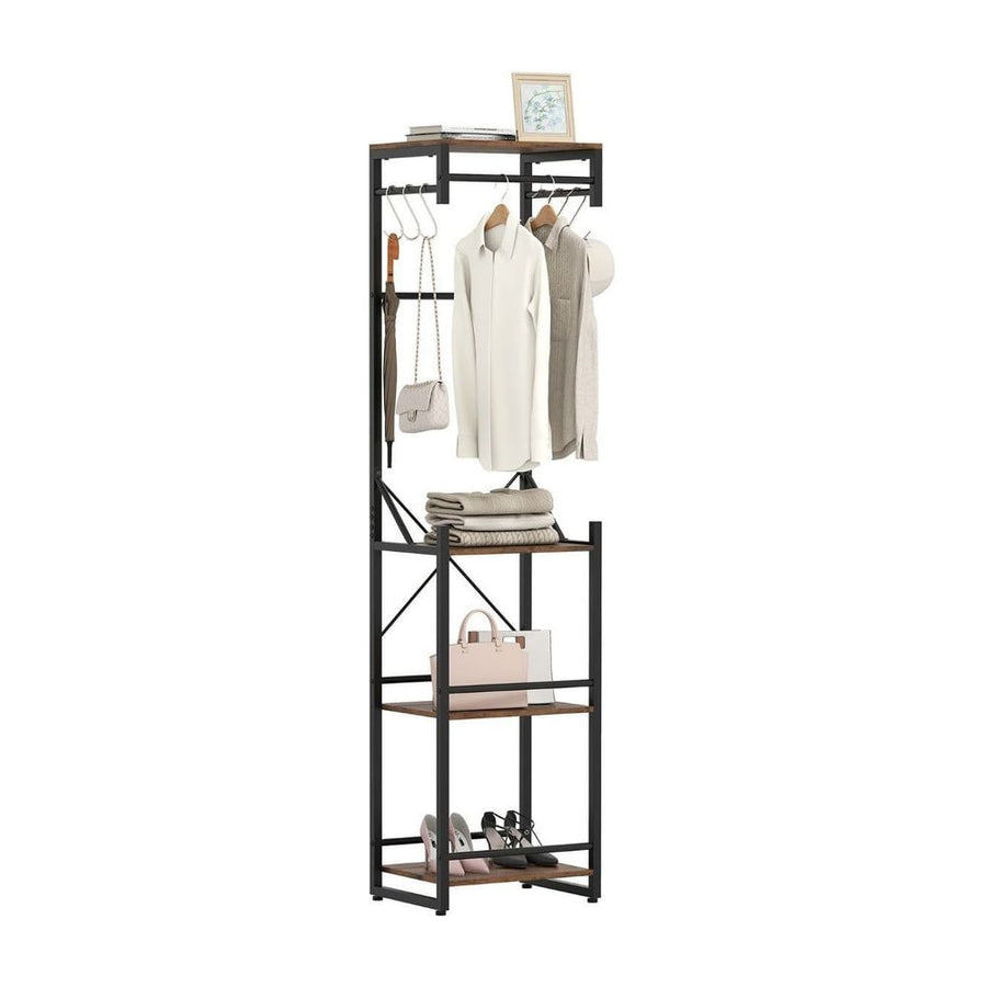 Freestanding Coat Rack Slim Hall Tree with 4 Storage Shelves-Rustic Brown