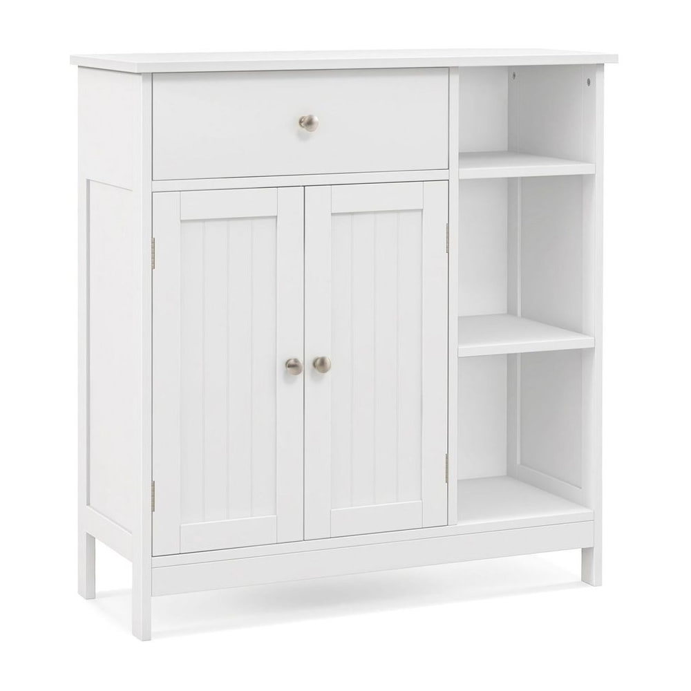 Freestanding Kitchen Bathroom Floor Cabinet Cupboard Storage Organizer in white with a drawer and two doors