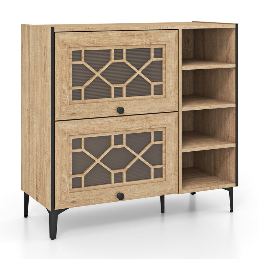Freestanding Shoe Organizer with Flip Doors Adjustable Shelves in oak finish with black metal legs