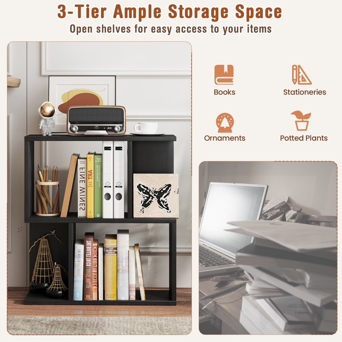 3-Tier Freestanding Bookshelf for Home Office-Black