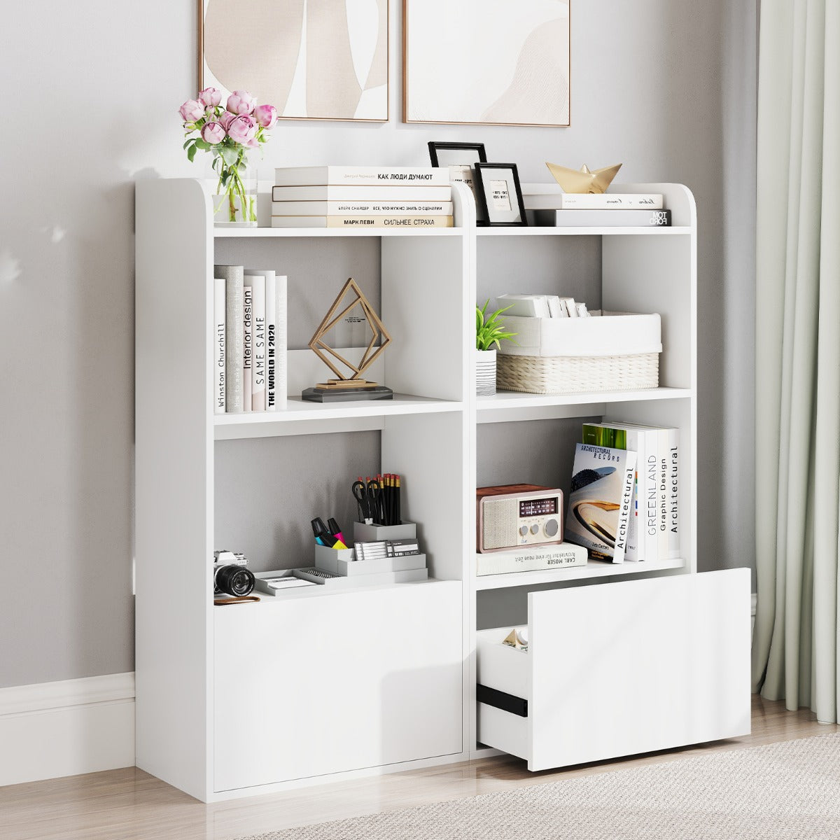 Freestanding Bookshelf with 3-Tier Open Shelf and Drawer-White