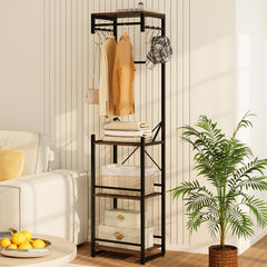 Freestanding Coat Rack Slim Hall Tree with 4 Storage Shelves-Rustic Brown