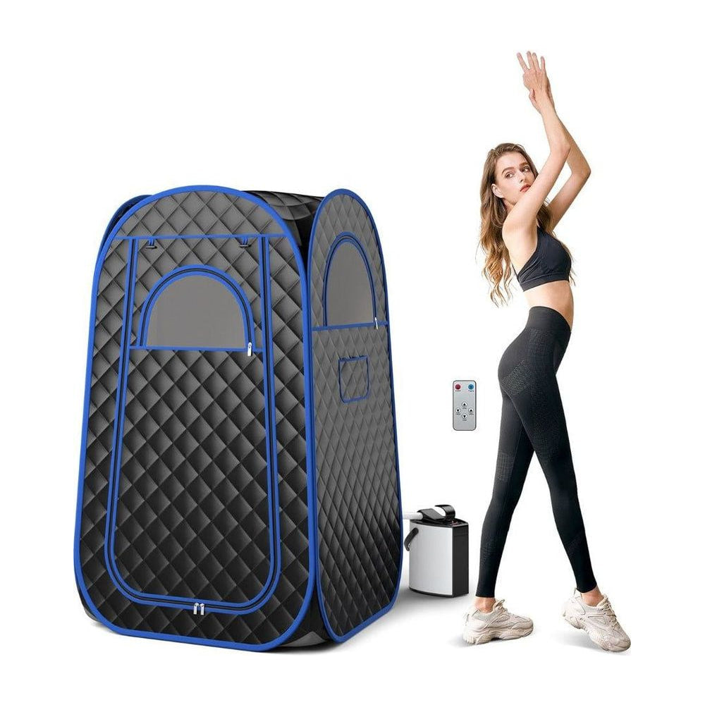 Full Body Steam Sauna Tent in black with blue trim, a woman stands next to it