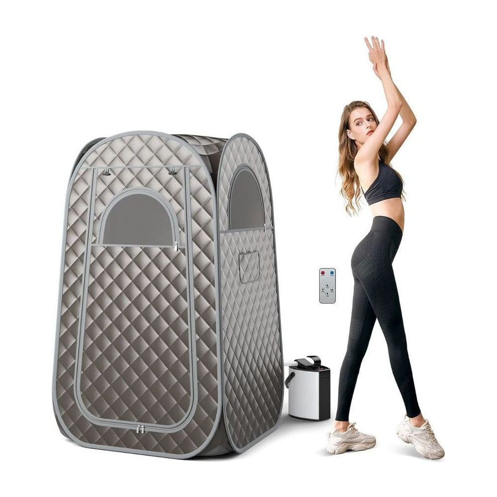 Full Body Steam Sauna Tent in grey with a woman posing next to it