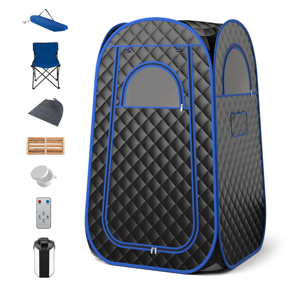 The spa tent and its accessories laid out, including a chair and steam generator