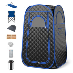 The spa tent and its accessories laid out, including a chair and steam generator
