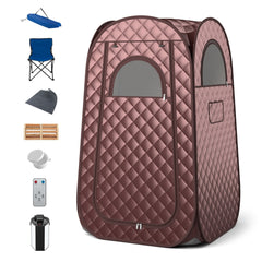 The spa tent and accessories including a chair, hat, and steam generator