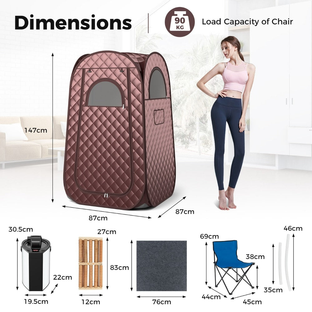 Dimensions diagram for the single person steam sauna tent with a woman for scale