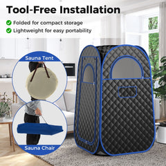 The spa tent being set up with a chair and instructions for tool-free installation
