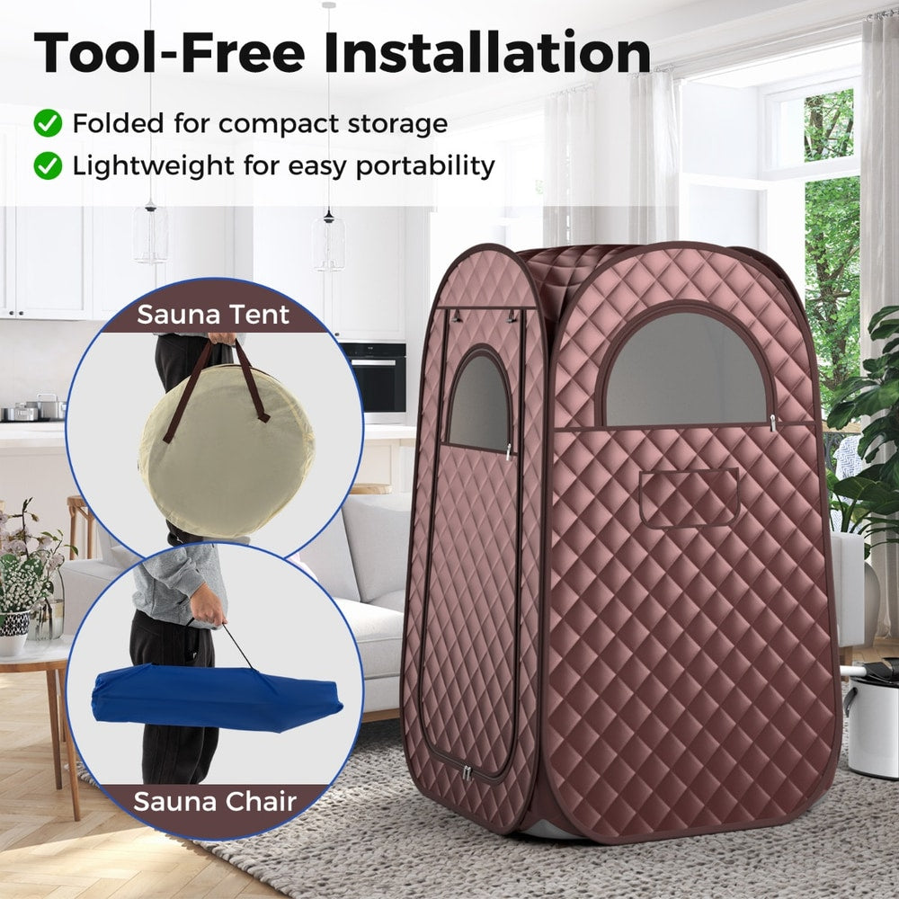 Tool-free installation of the spa tent and chair, showing portability