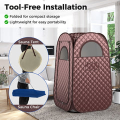 Tool-free installation of the spa tent and chair, showing portability