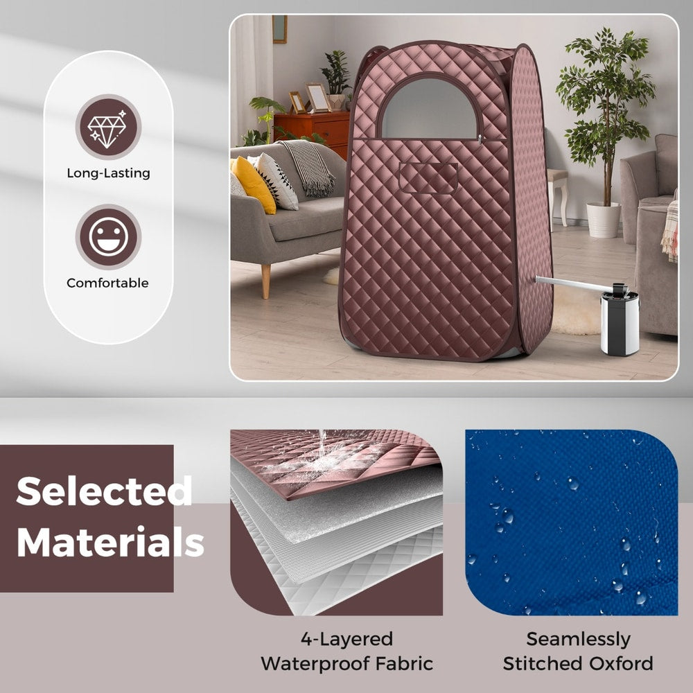 The coffee coloured steam sauna tent with selected materials highlighted