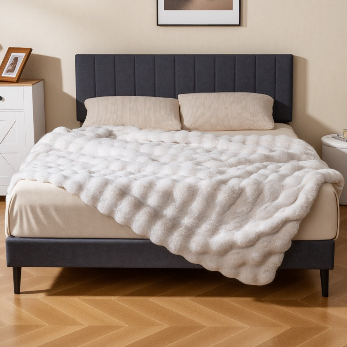 Fuzzy Plush Rabbit Fur Bubble Blanket for Bed Armchair Sofa-L