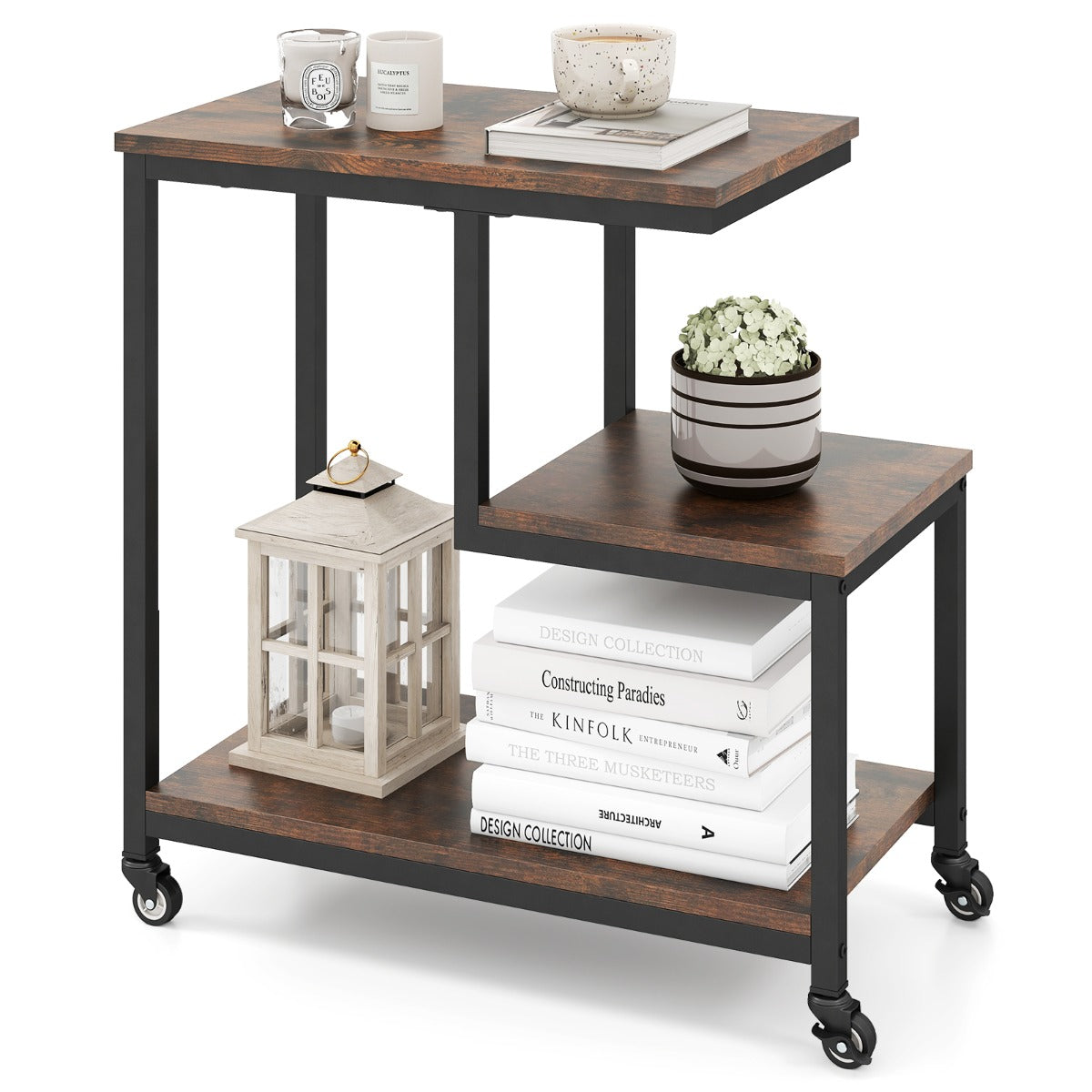 3-Tier Small Sofa Couch Side Table with Lockable Casters for Living Room-Brown