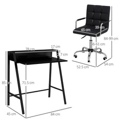 HOMCOM Home Office Chair and Computer Desk Set, Faux Leather Desk Chair with Swivel Wheels, Study Desk with Storage Shelf, Black