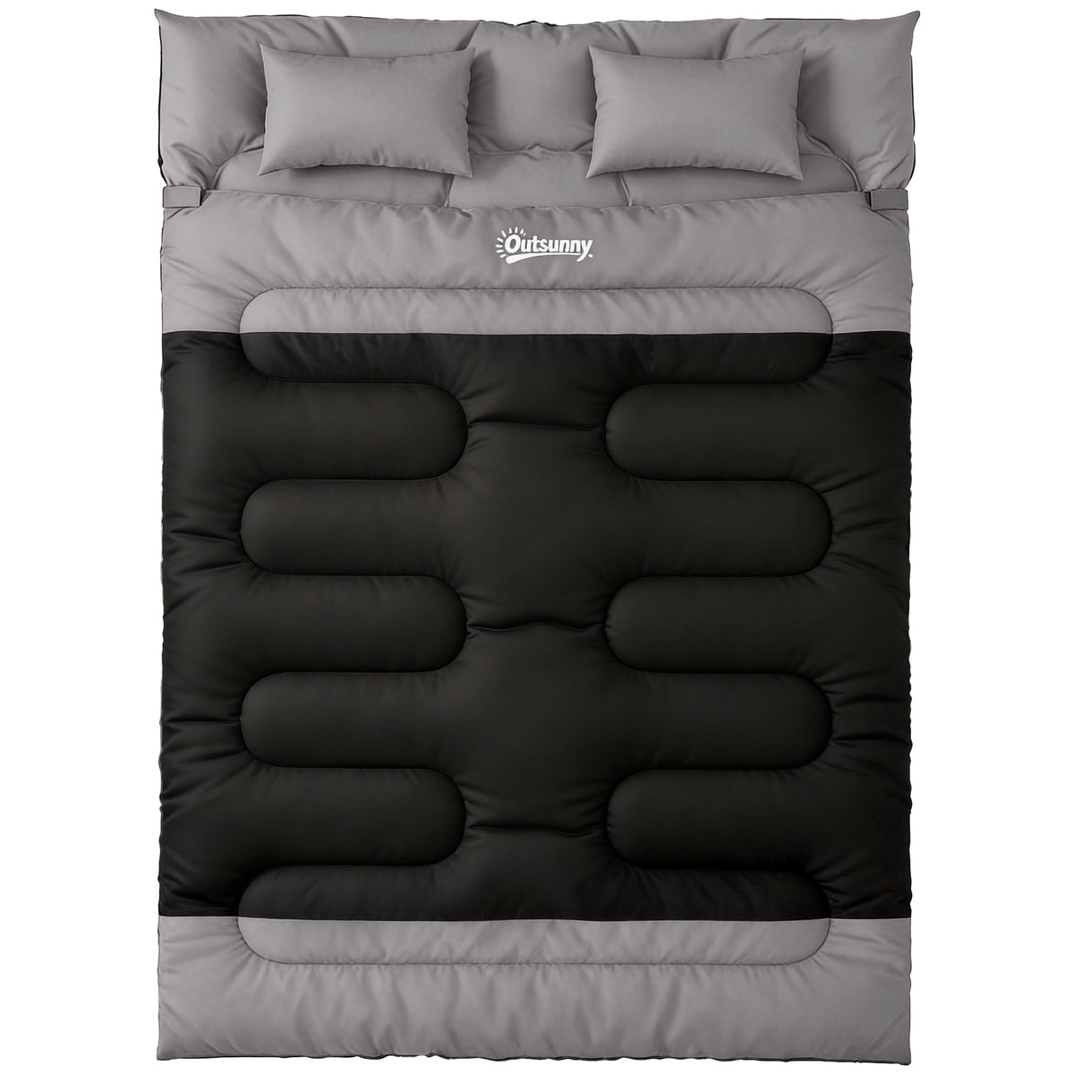 Outsunny Double Sleeping Bag with 2 Pillows, 220 x 160 cm Extra-Large Sleeping Bag for Adults, Black and Grey