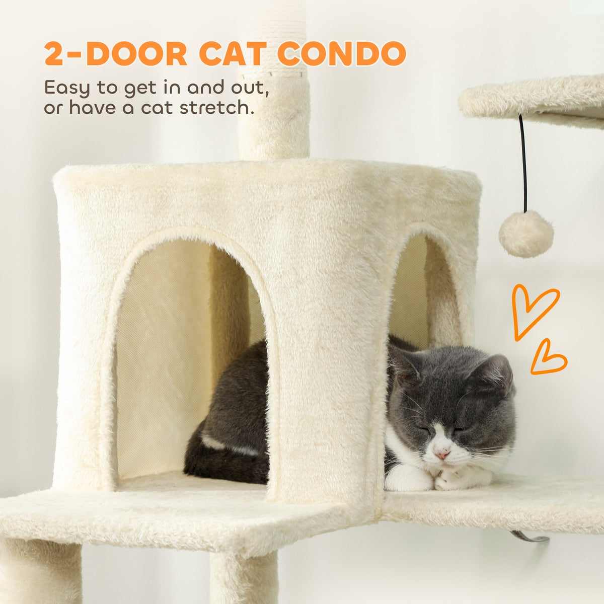 PawHut 202cm Cat Tree with 6 Scratching Posts, 2 Hammocks, 2 Condos, 2 Perches, Pompoms, for Cats to Rest and Play, Beige