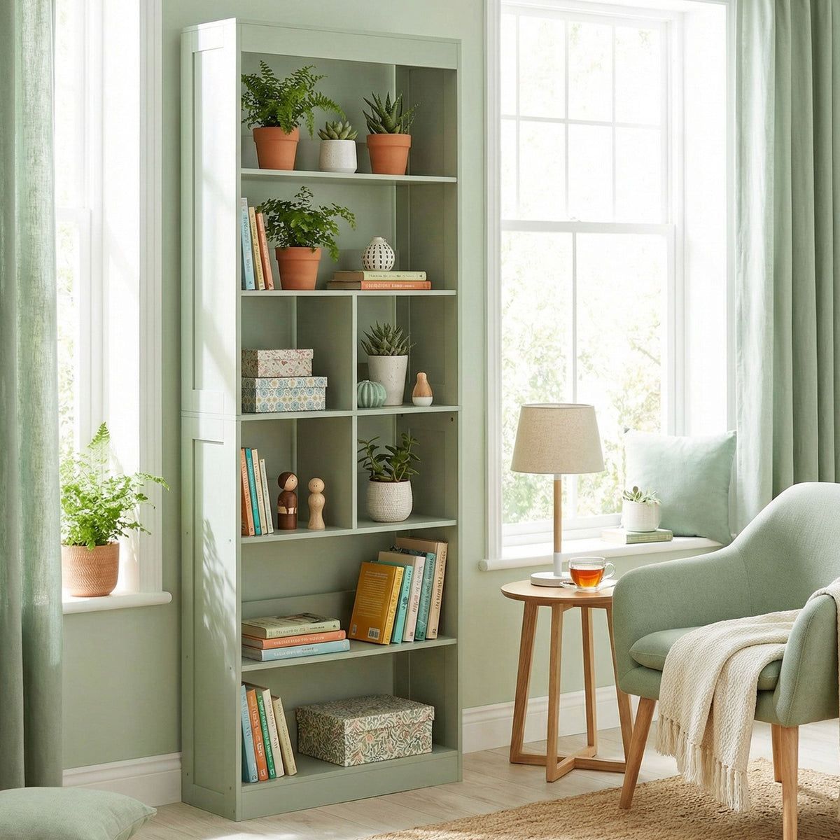HOMCOM Bookcase, 6-Tier Bookshelf with Open Storage Shelves, Cubes, 180 cm Tall Display Shelf with Anti-Tipping Design, Green