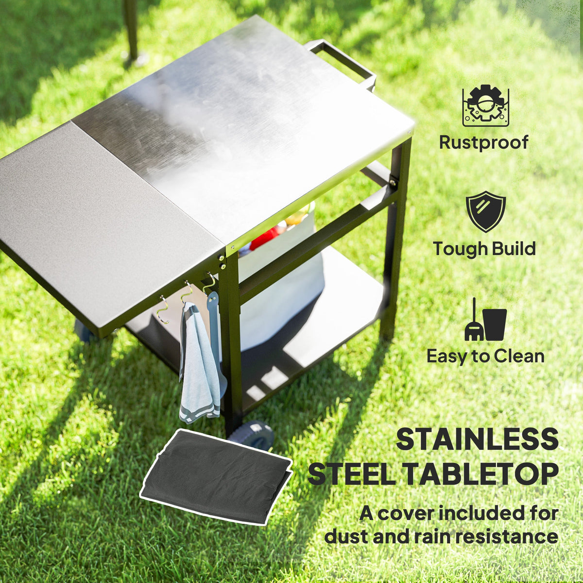 Outsunny BBQ Trolley with Stainless Steel Top and Foldable Side Table, Outdoor Kitchen Barbecue Station with Hooks and Shelf, Pizza Oven Table Movable Outdoor Grill Dining Cart with Cover, Black