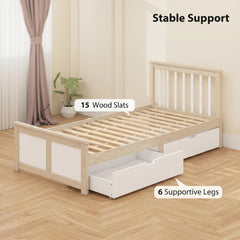 HOMCOM Pine Storage Bed, 3ft Single Solid Wooden Bed Frame with Drawers, Headboard, Wood Slat Support, Natural Wood Finish