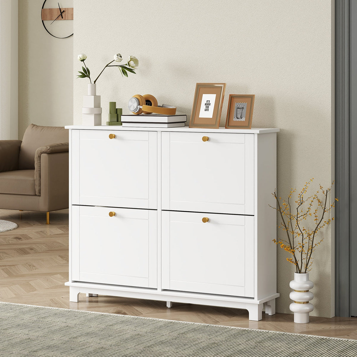 HOMCOM Narrow Shoe Storage Cabinet, Slim Shoe Cabinet with 4 Flip Drawers, Adjustable Shelves for 16 Pairs of Shoes, White