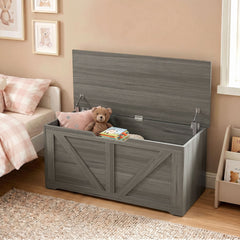 HOMCOM 127L Home Storage Box, with Safety Hinges - Dark Grey Wood-Effect
