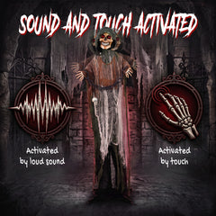 HOMCOM 170cm Animated Grim Reaper, Life-Size Halloween Animatronic with Moving Hands/Head, Glowing Eyes, Creepy Sound