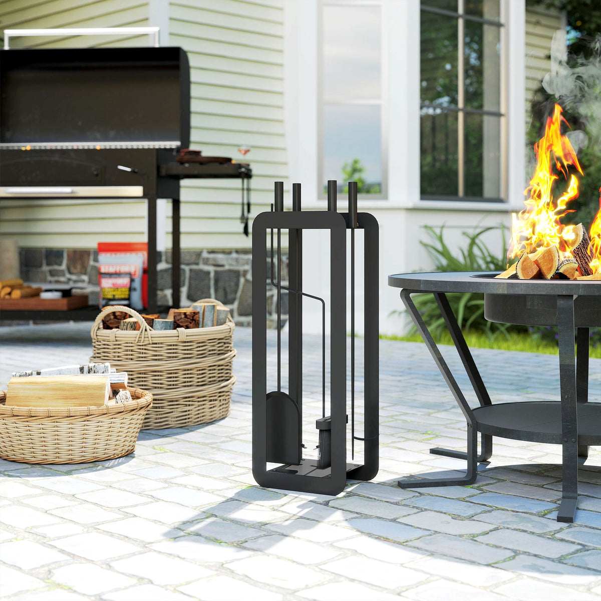 Outsunny 5 Pieces Fireplace Companion Set, Metal Fireplace Accessories Fireside Companion Set with Brush, Shovel, Poker, A Pair of Tongs, Stand, Black