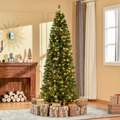 The pencil Christmas tree is decorated with presents and placed in a cosy living room setting
