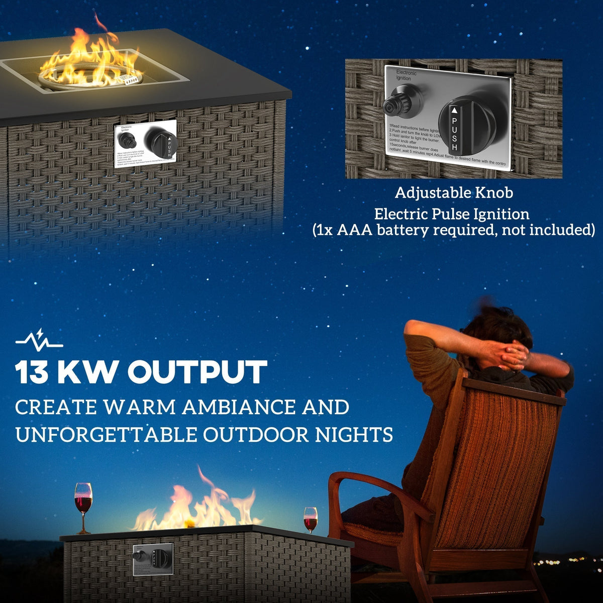 Outsunny Rattan Gas Fire Pit Table for Garden, 13 KW Smokeless Propane Fire Pit with Lid, Square Garden Coffee Table with Patio Heater for Outdoor, Patio, 58 x 58 x 33 cm, Grey