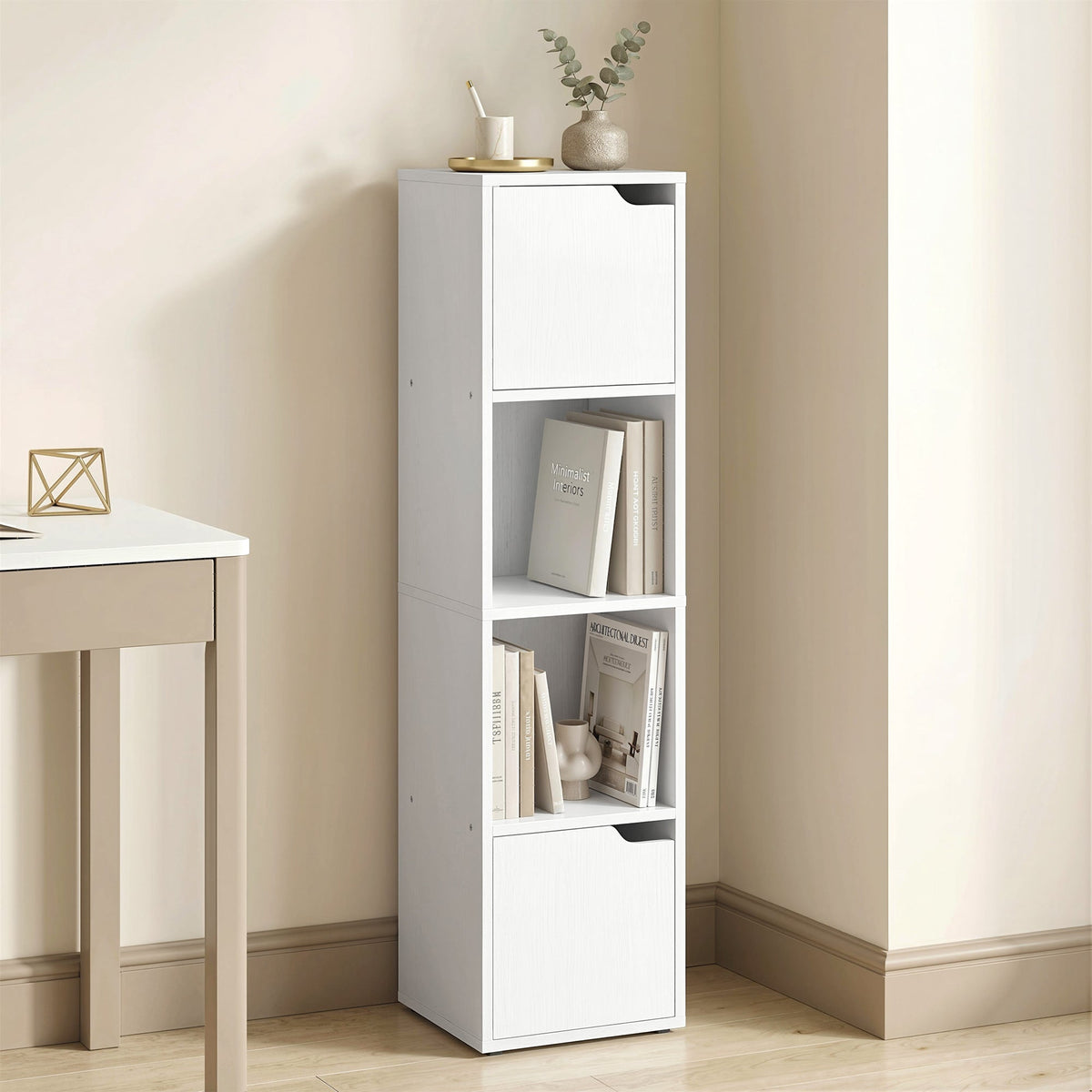 HOMCOM Narrow Bookcase, 4-Tier Bookshelf, Storage Cabinet with doors for Living Room, Bedroom, White