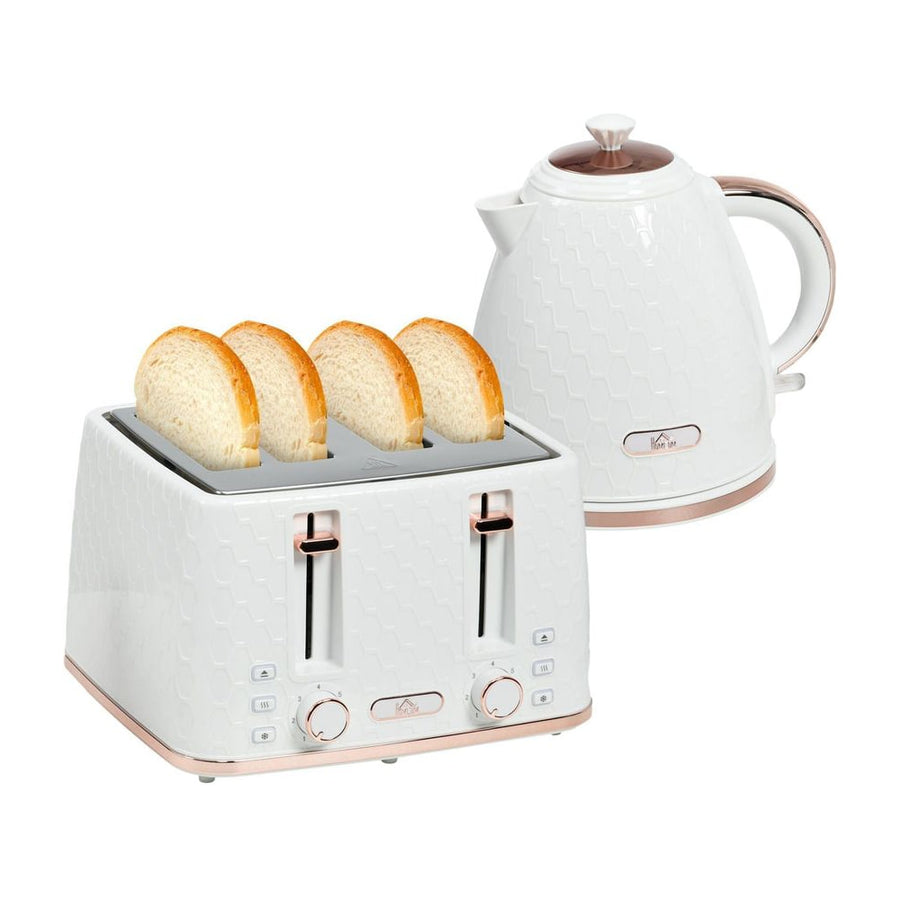 HOMCOM 1.7L 3000W Fast Boil Kettle & 4 Slice Toaster Set, a white kettle and toaster with rose gold trim