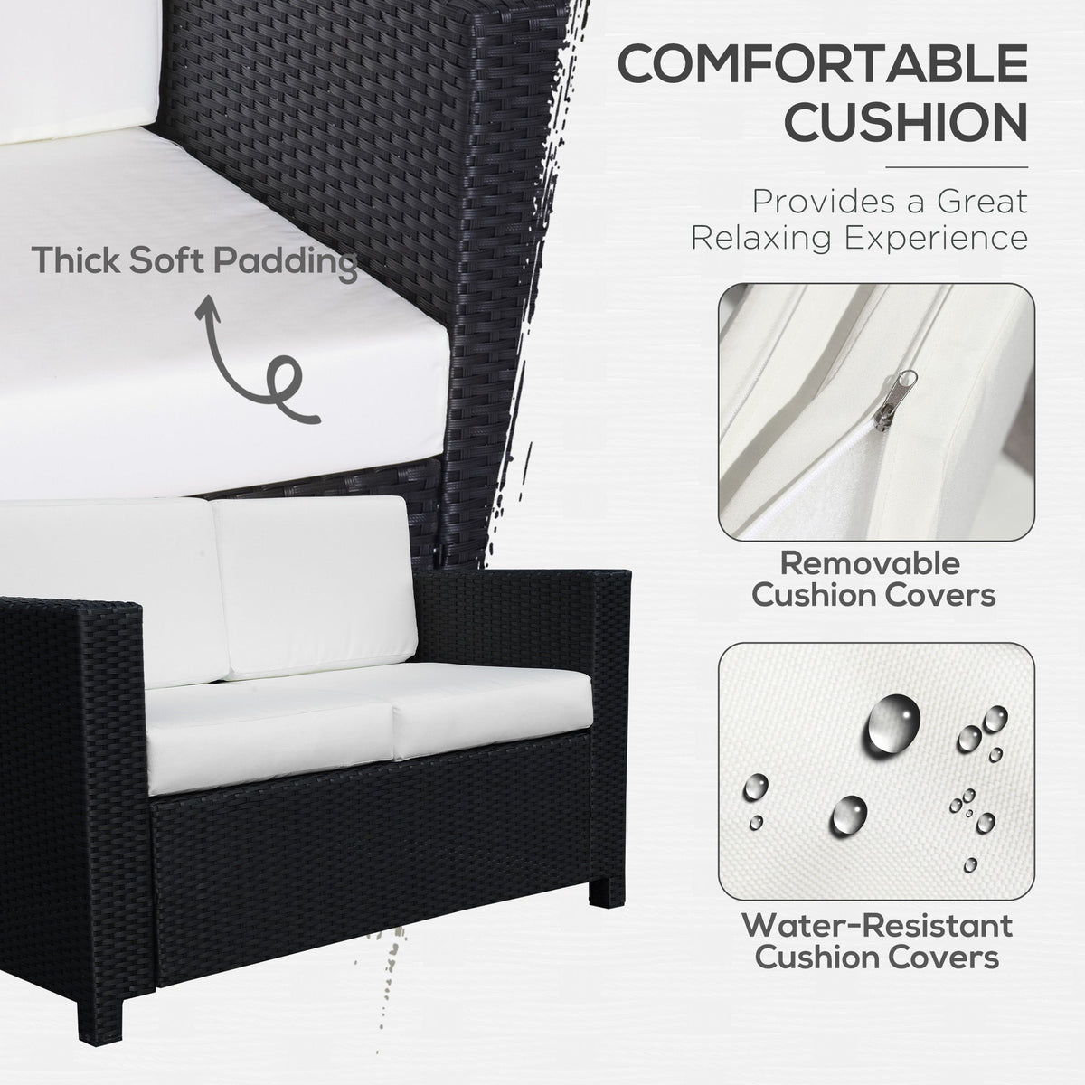 Outsunny Rattan Sofa, 2 Seater Garden Furniture with Soft Padded Cushion and Armrests, Wicker Garden Loveseat for Patio, Black
