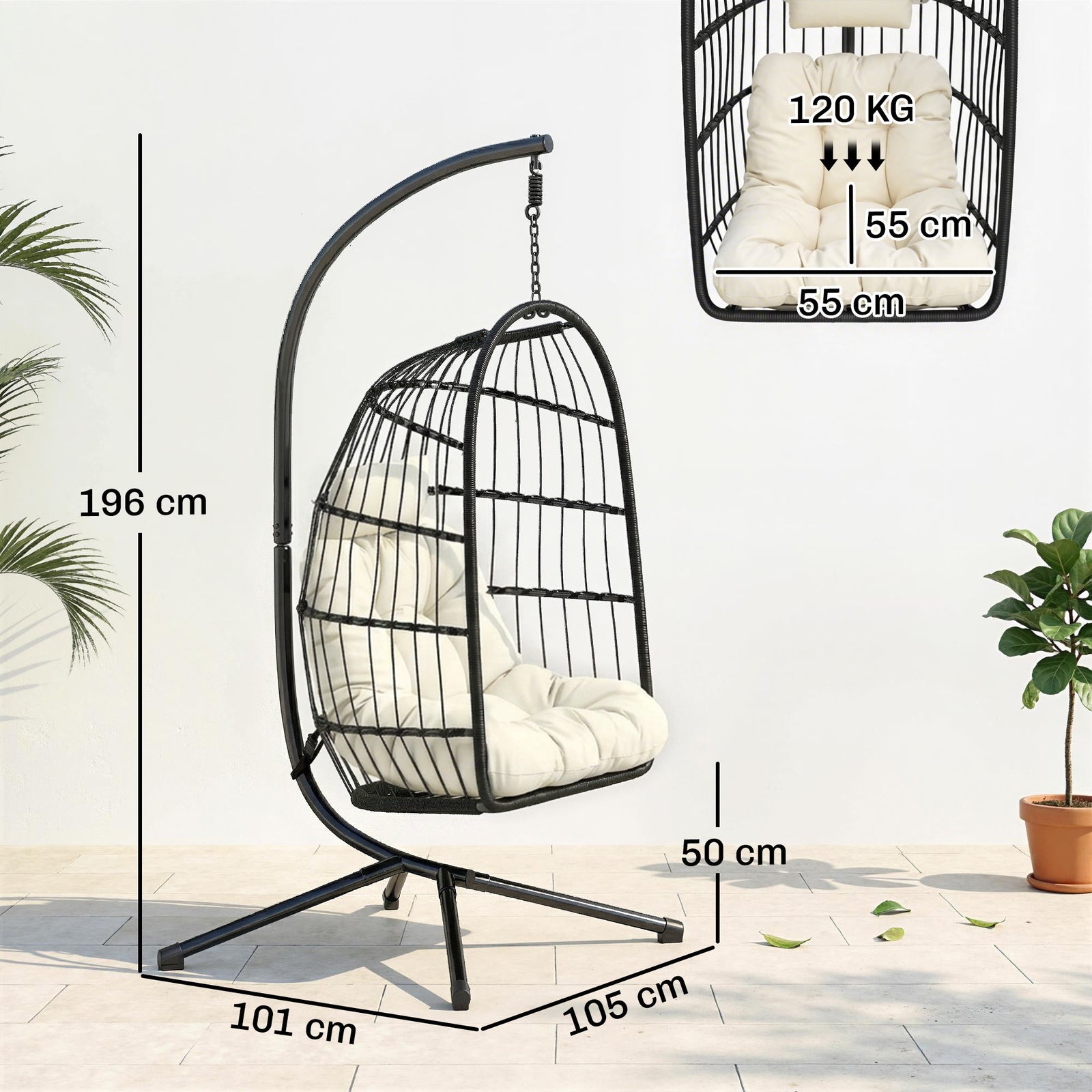 Outsunny Hanging Egg Chair, Indoor Outdoor Hammock Swing Chair with Stand, Safety Strap, Foldable Basket, Black/Cream White