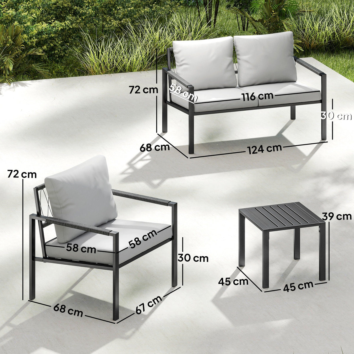 Outsunny 5 Piece Metal Garden Furniture Sofa Set with Thickened Cushions, Loveseat, 2 Armchairs, 2 Coffee Tables, Light Grey