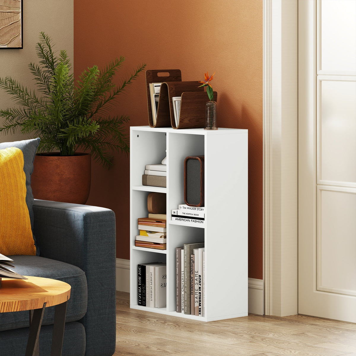 HOMCOM 2-Tier Bookshelf with 5 Compartments - White