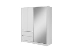 White sliding door wardrobe with wood effect drawers and a mirrored door, shown from the side