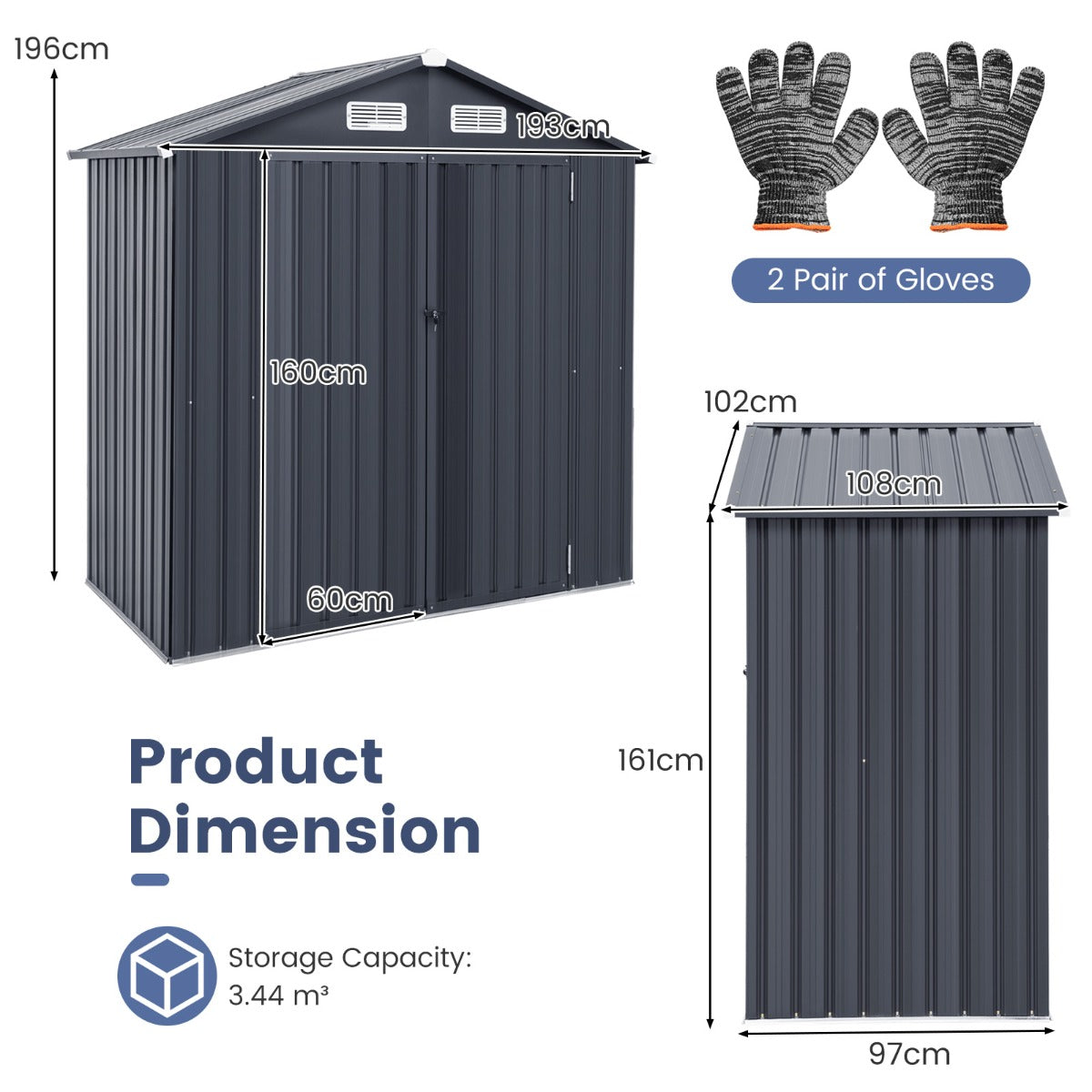 Galvanized Metal Tool House with 4 Vents and Lockable Doors-Dark Grey